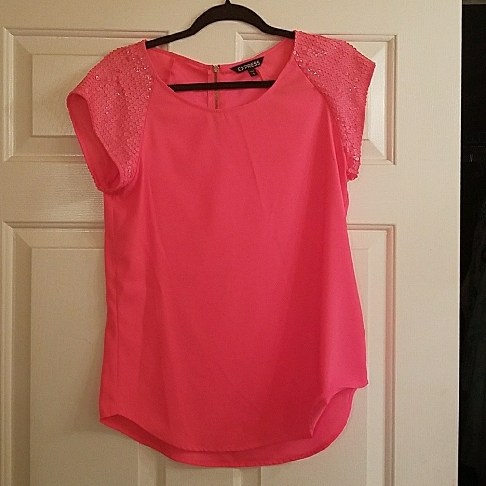 Neon pink polyester short sleeve blouse